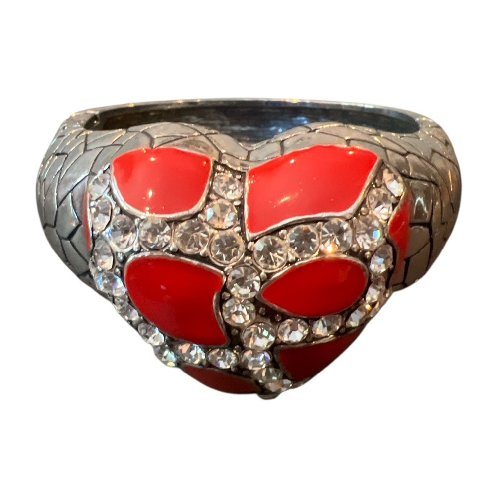 Red Enamel and Silver Heart Crystal Cuff Hinge Bracelet New
